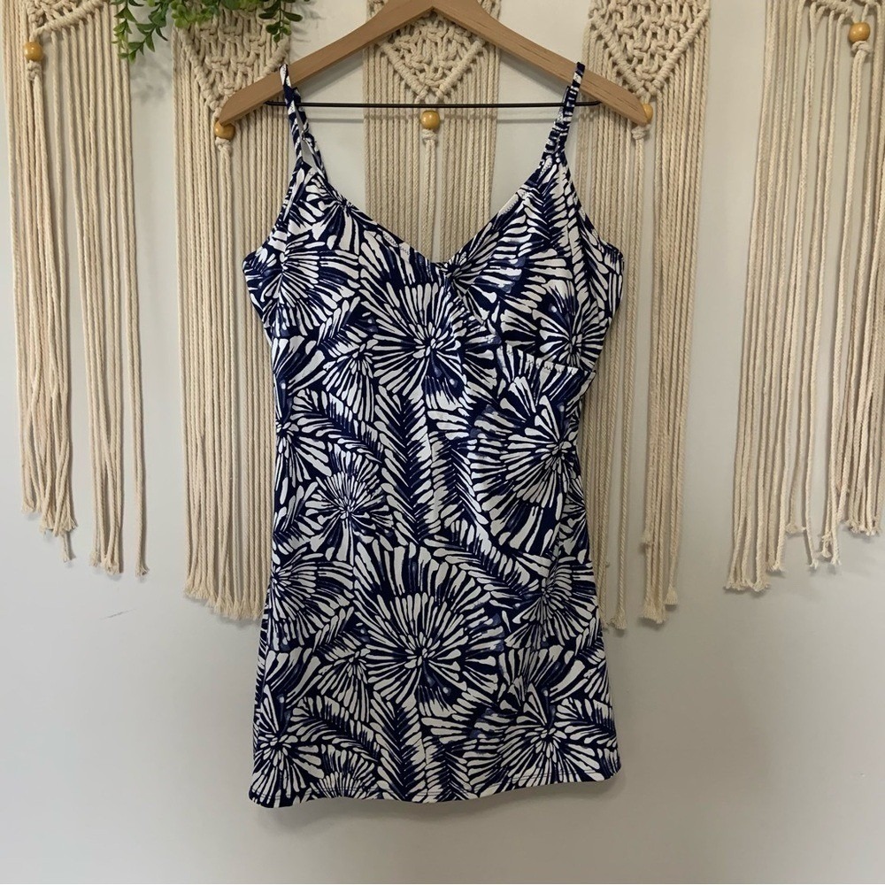 GARNET HILL Women's Signature Surplus Wrap Front Swim Dress Blue White 14